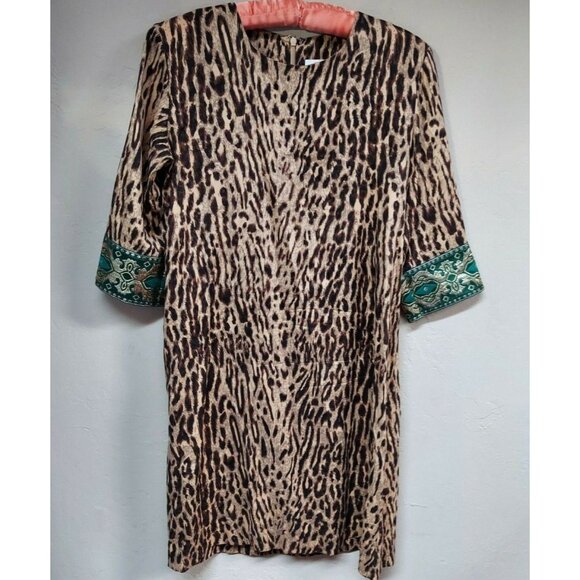 AKA New York XS Silk Brown Blend Animal Print Shift Dress 3/4 Sleeve Stretch - Picture 1 of 9